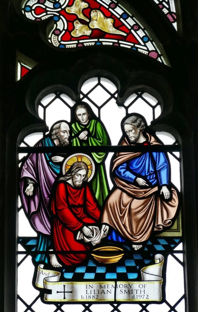 church, window, church window, stained glass, picture, england, guernsey, religion, coloured, christian, jesus, christ, apostle, feet, to wash, to clean, humility, serve, jesus, humility, humility, humility, humility, humility, serve, serve