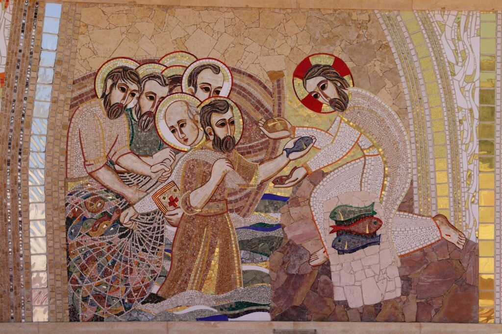 Vibrant mosaic artwork illustrating a biblical moment with apostles and religious symbolism.