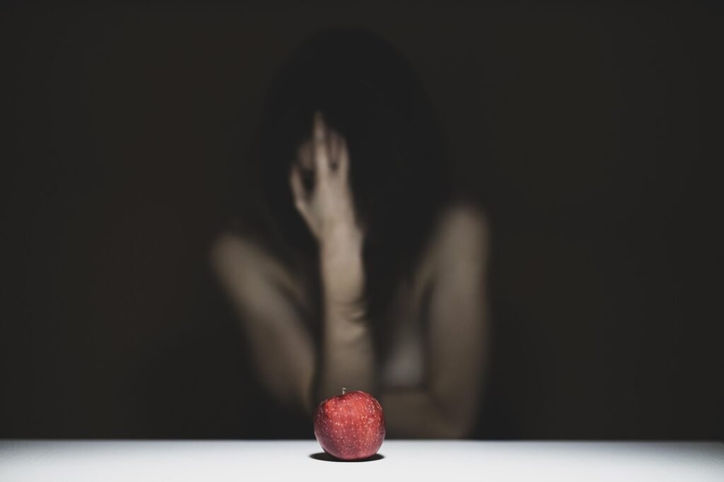 art, fine arts, portrait, emotional, depression, depressive, alone, apple, red, metaphor, sin, religion, eve, adam, paradise, woman, model, girl, human, sin, sin, sin, sin, sin