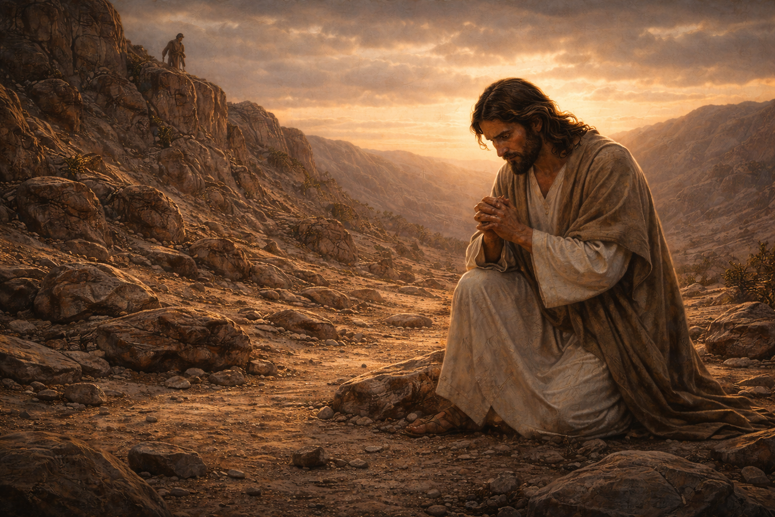 Jesus jejua no deserto onde e tentado pelo demonio