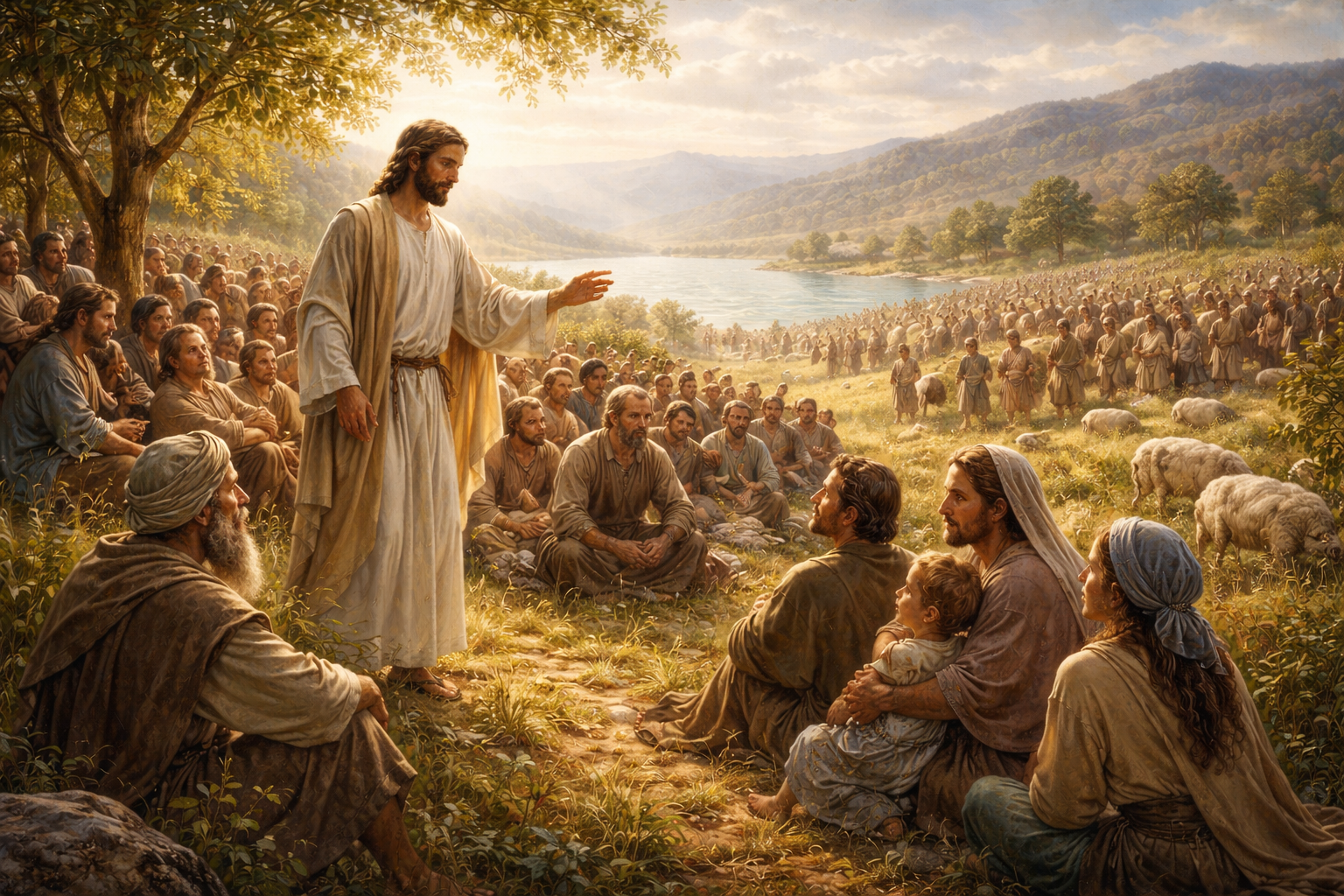 Jesus no sermao da montanha falando para multidoes