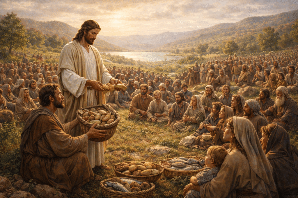 Jesus multiplica pães e peixes para dar a multidão no sermão na montanha