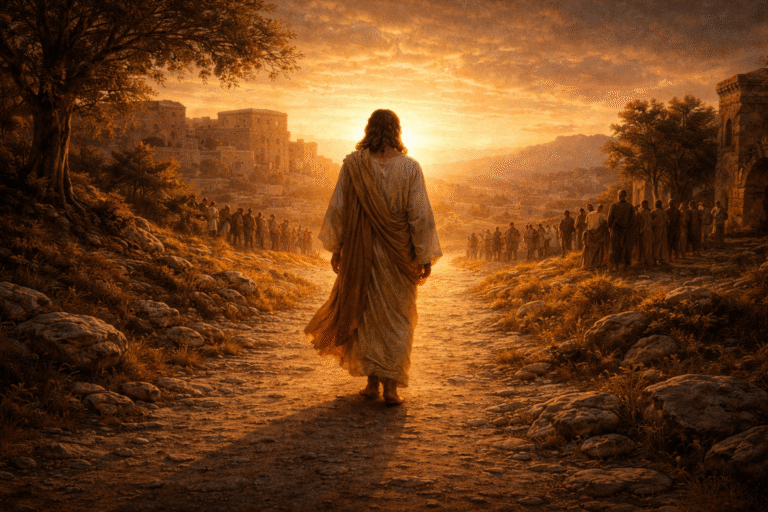 esus caminhando sozinho por um caminho ao entardecer