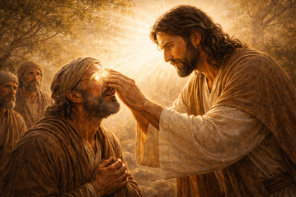 Jesus cura o homem cego Jesus tocando os olhos de um homem cego que começa a enxergar