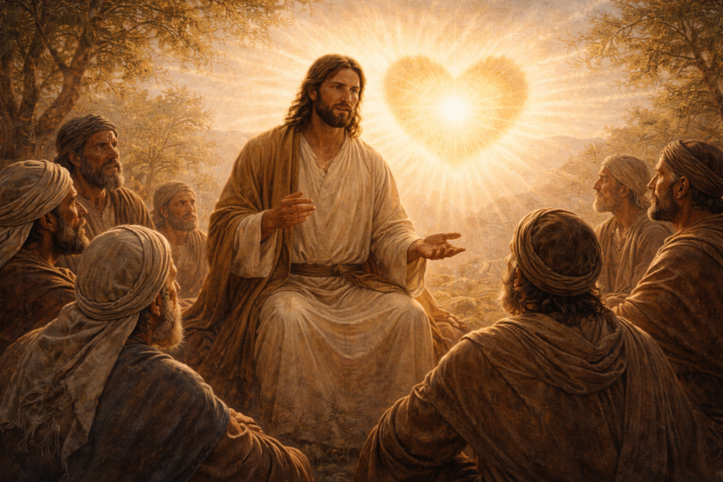 Jesus ensinando diante de uma pequena multidão sobre o amor que une Deus e o próximo.