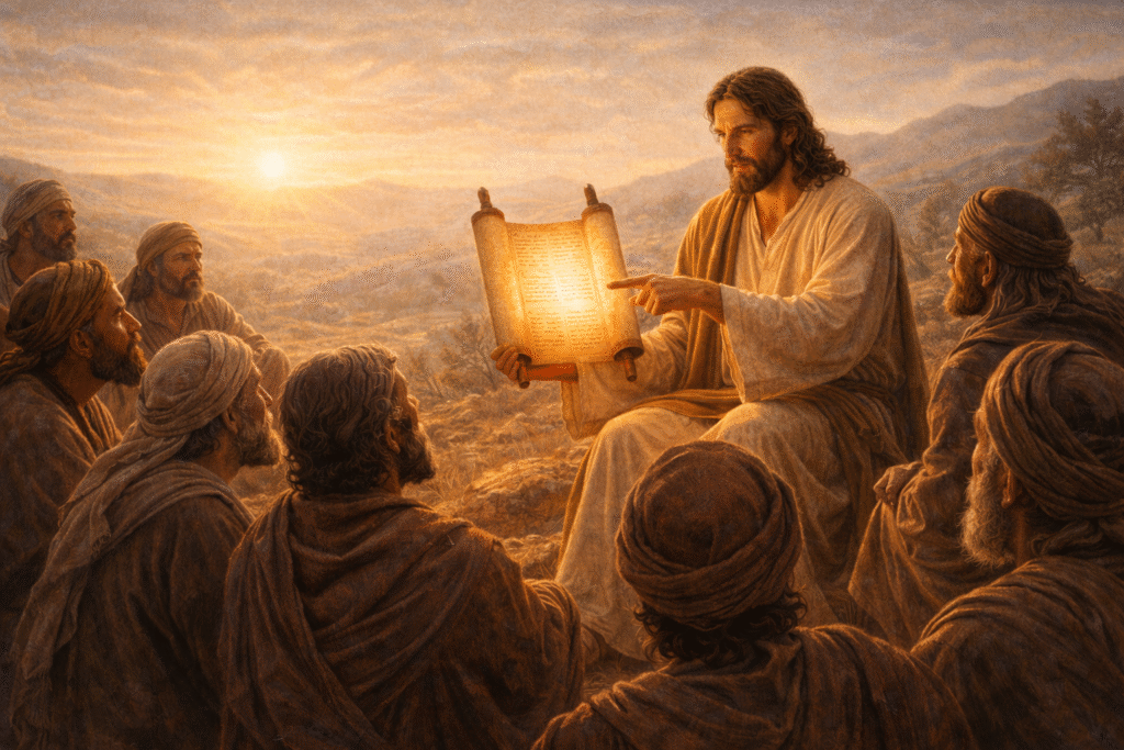 Jesus ensinando aos discípulos representando o cumprimento pleno da Palavra de Deus.