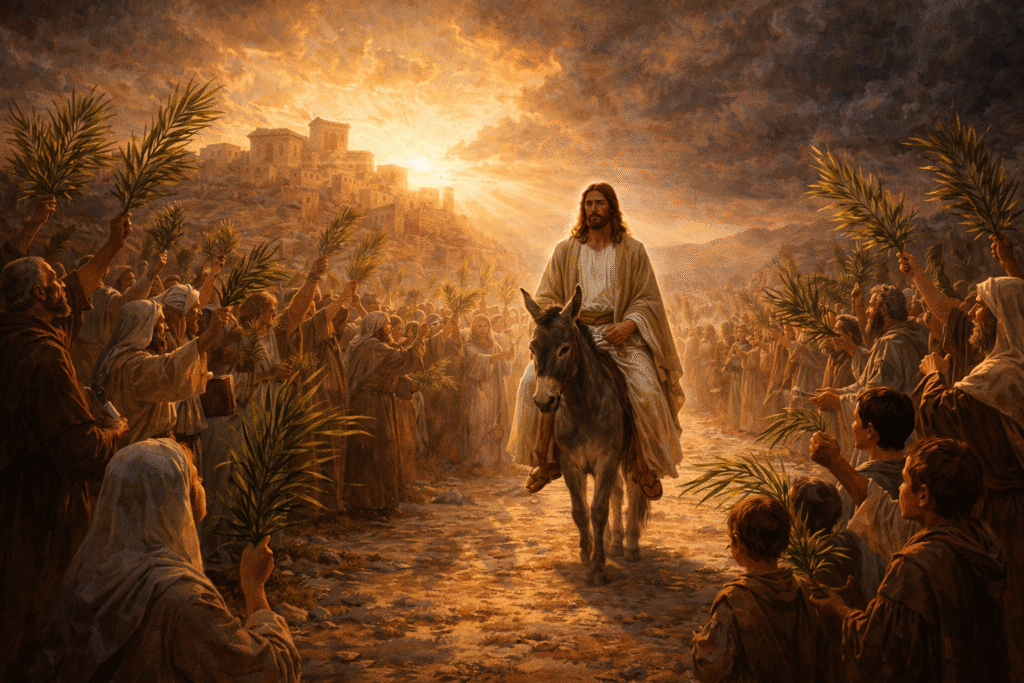 Jesus entrando em Jerusalém montado em um jumentinho domingo de ramos