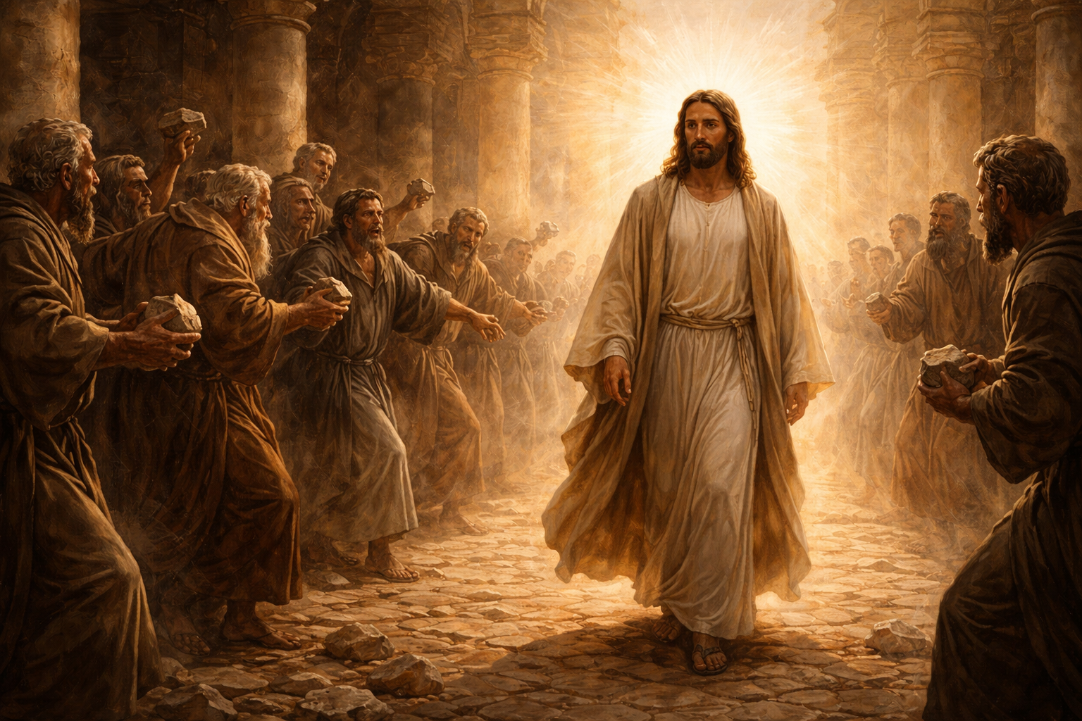 Jesus na multidao com pedras na mão se afasta em paz