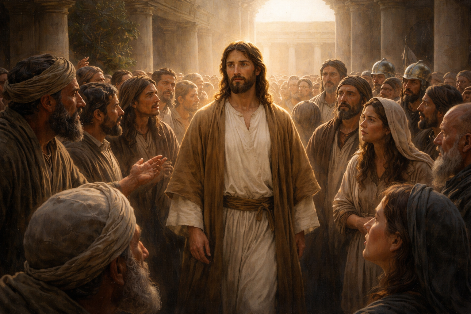 Jesus no templo com uma multidão dividida, com expressões diferentes