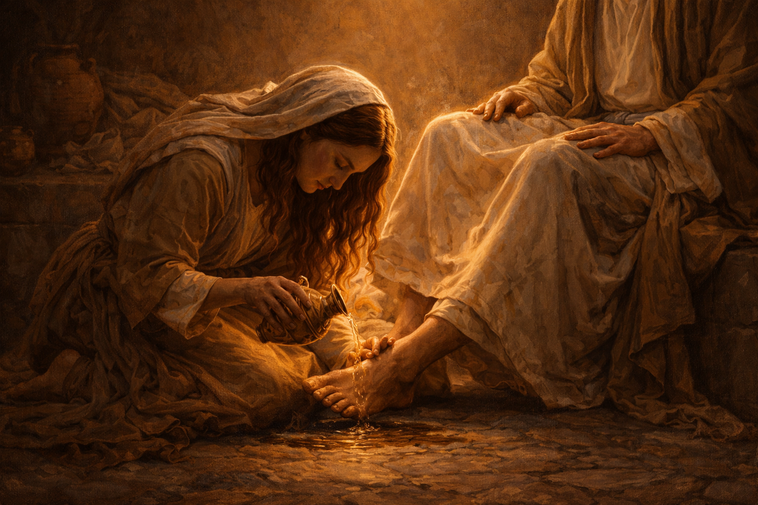 Maria ajoelhada ungindo os pés de Jesus com perfume