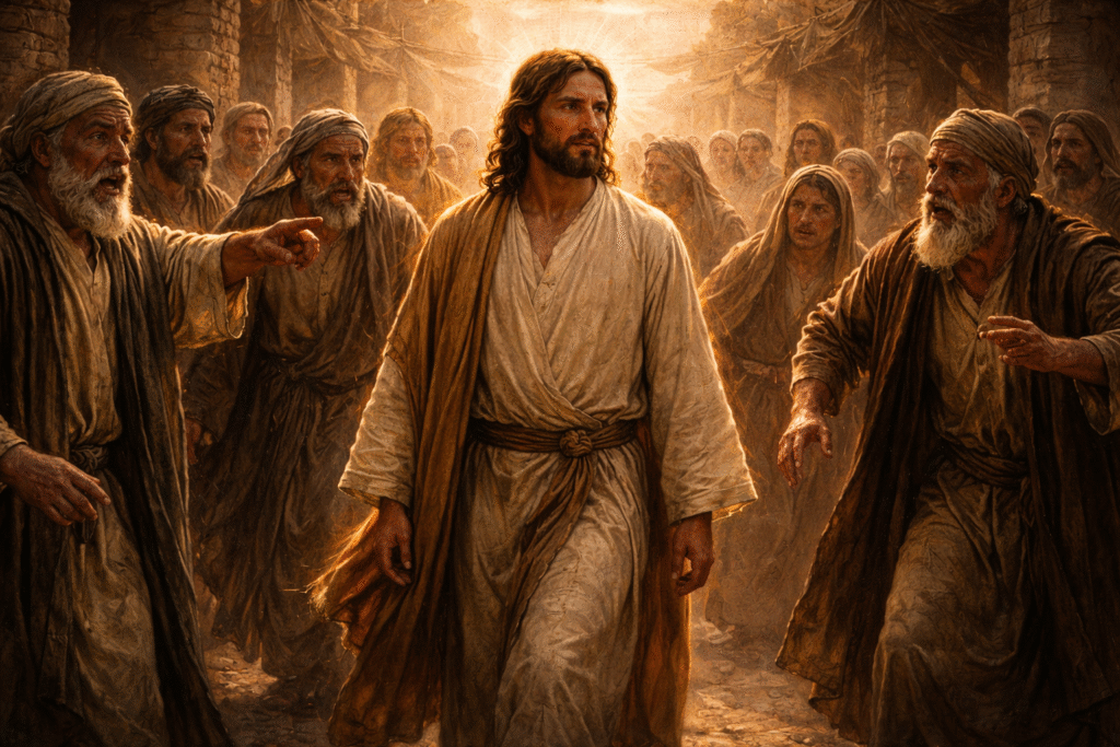 Jesus caminhando serenamente enquanto uma multidão ao redor expressa surpresa e tensão.