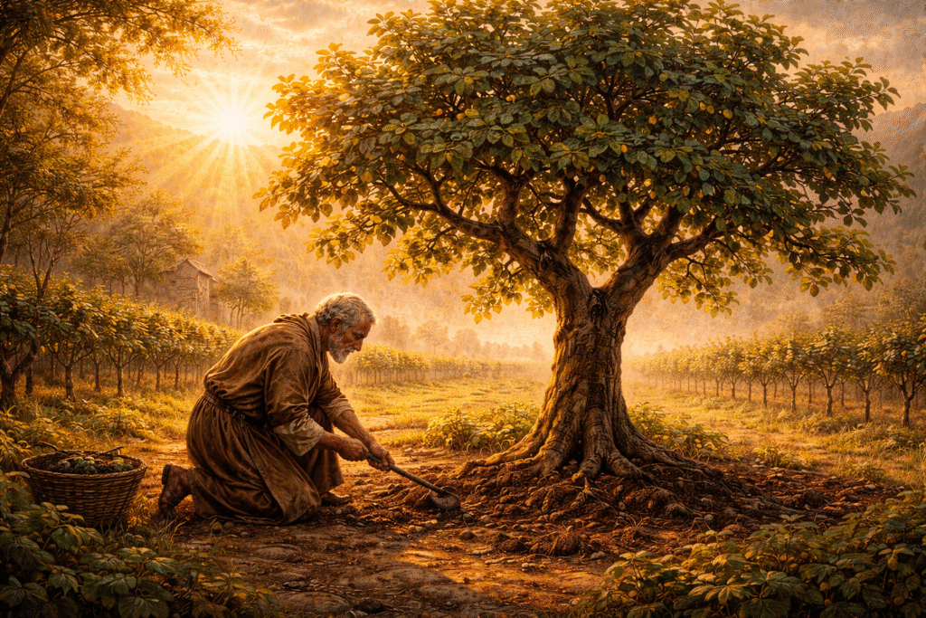 Uma cena simbólica de uma figueira em um campo ao amanhecer, com um agricultor cuidando da terra ao redor da árvore, luz suave iluminando a paisagem, representando a paciência de Deus que espera frutos de conversão.