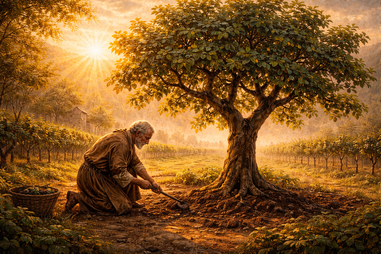 Uma cena simbólica de uma figueira em um campo ao amanhecer, com um agricultor cuidando da terra ao redor da árvore, luz suave iluminando a paisagem, representando a paciência de Deus que espera frutos de conversão.