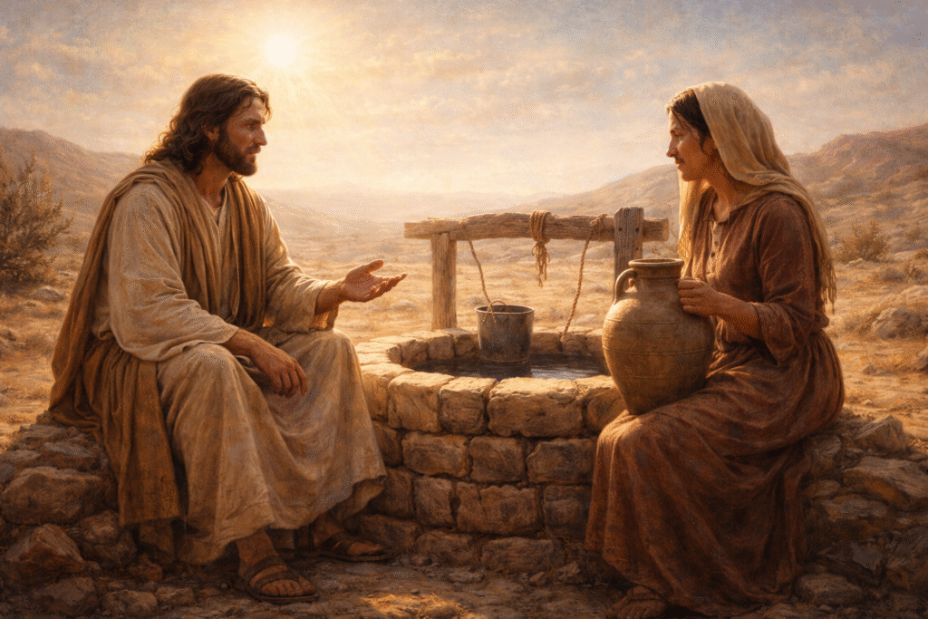 Jesus sentado junto a um poço ao meio-dia, conversando com uma mulher samaritana que segura um cântaro de água.