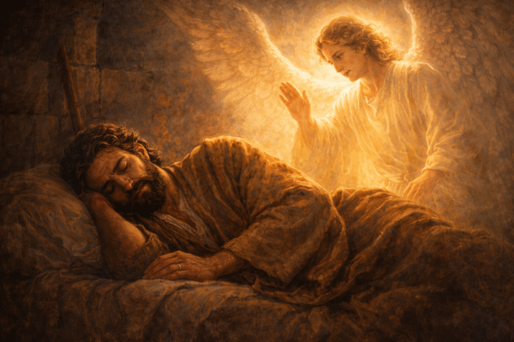 São José dormindo enquanto um anjo aparece em sonho