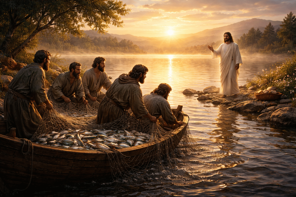 Jesus aparece aos discipulos na margem representando a abundância que nasce da escuta da Palavra.