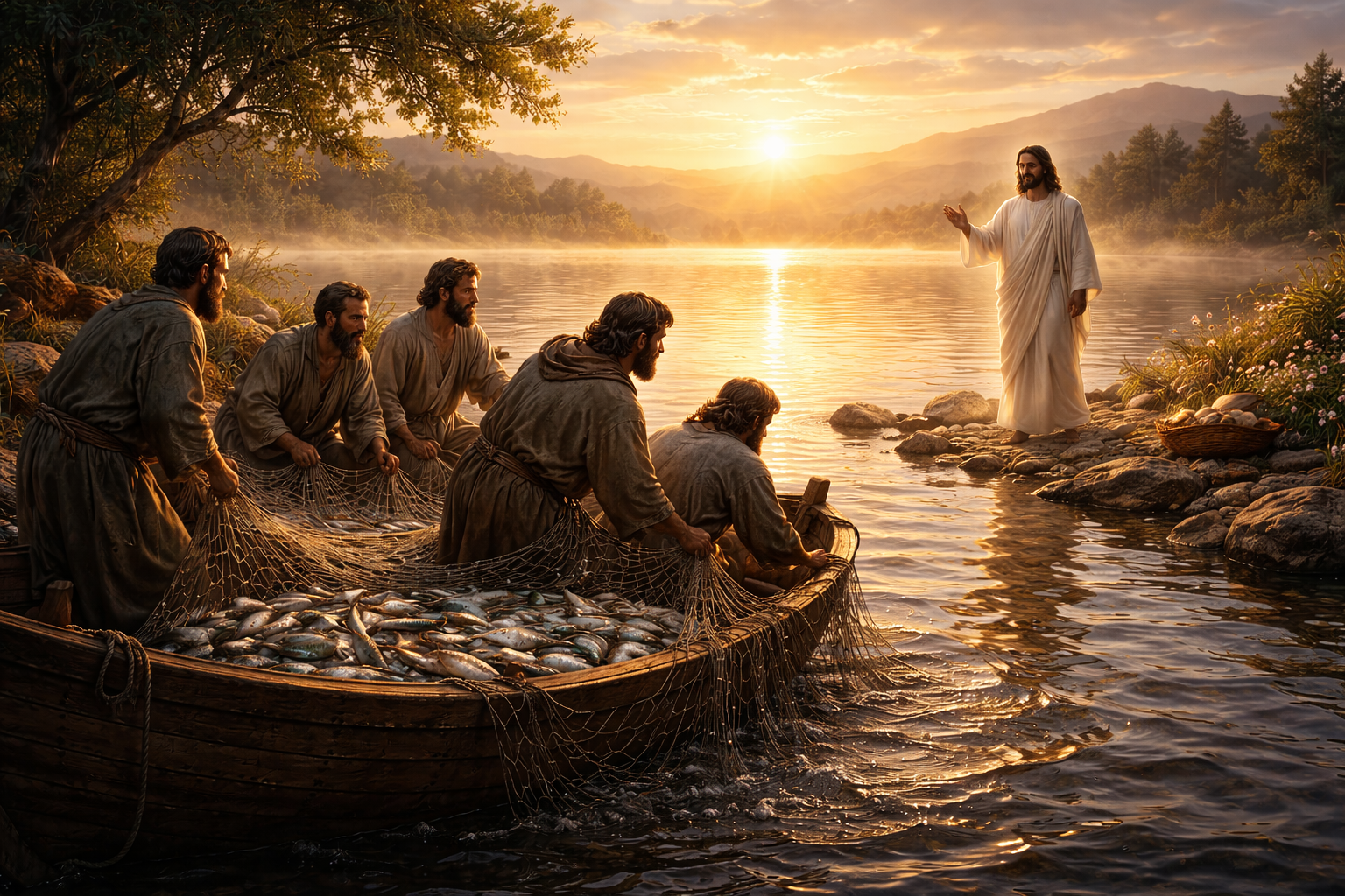 Jesus aparece aos discipulos na margem representando a abundância que nasce da escuta da Palavra.