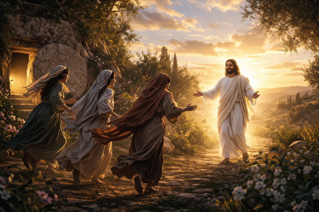 mulheres correm ao encontro de Jesus ressuscitado