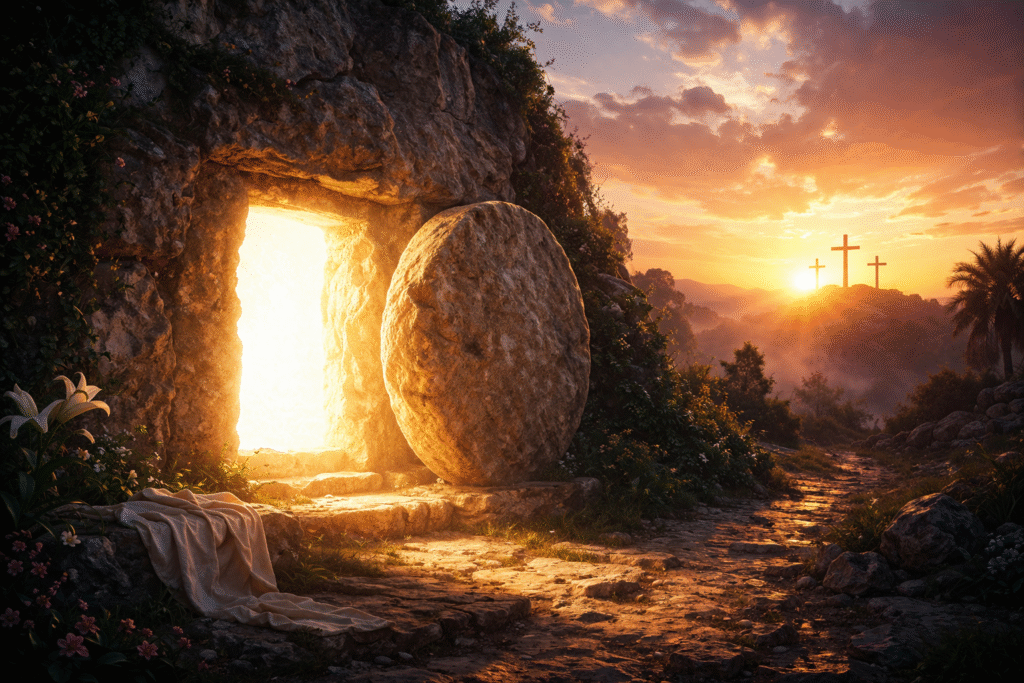 Jesus Cristo vive, tumulo aberto ao amanhecer