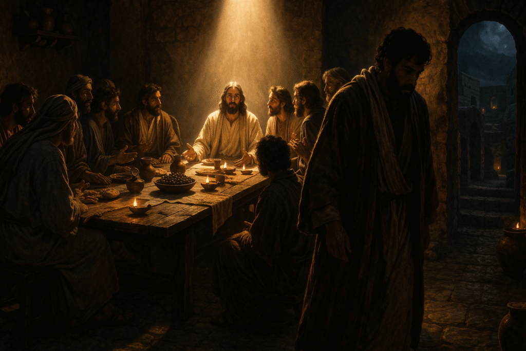 A Última Ceia com Judas afastando-se da mesa na escuridão enquanto Jesus permanece iluminado