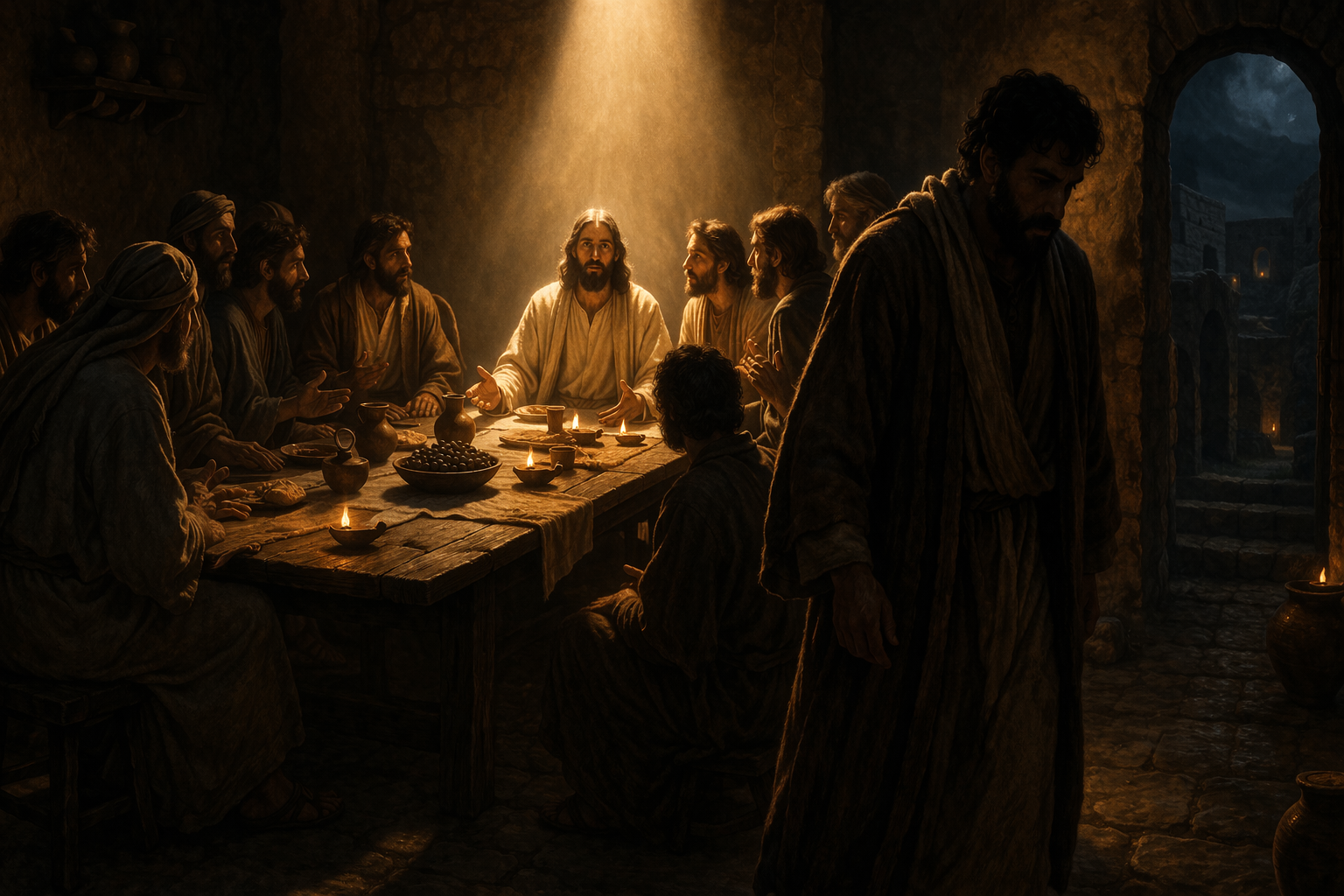 A Última Ceia com Judas afastando-se da mesa na escuridão enquanto Jesus permanece iluminado